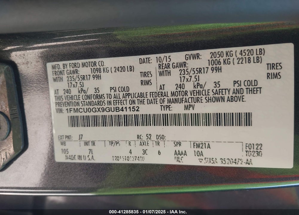 2016 FORD ESCAPE SE VIN: 1FMCU0GX9GUB41152