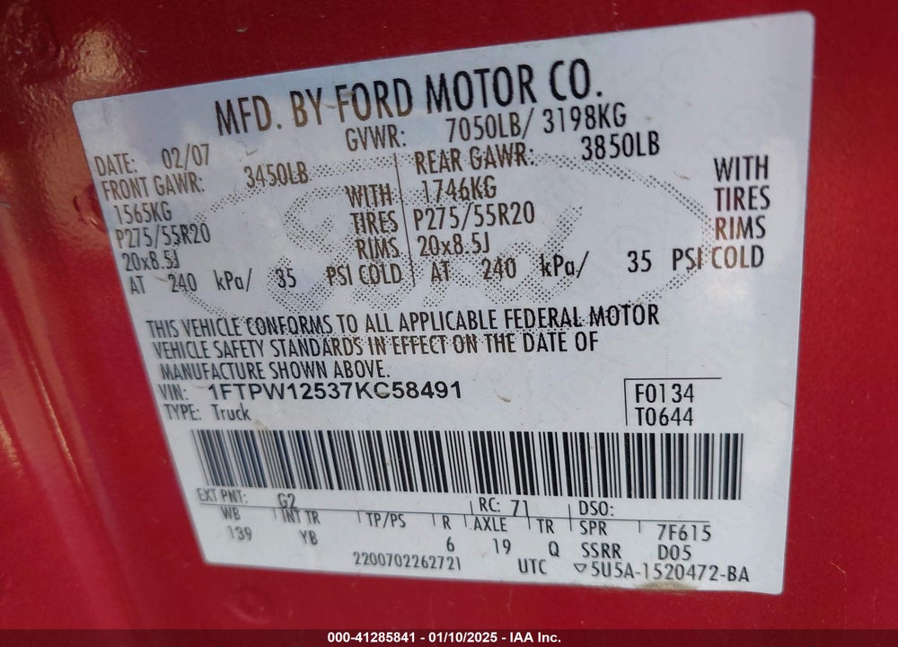 2007 FORD F-150 VIN: 1FTPW12537KC58491