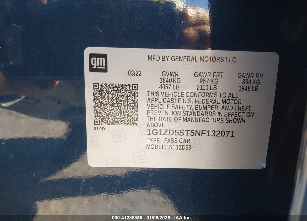 2022 CHEVROLET MALIBU VIN: 1G1ZD5ST5NF132071