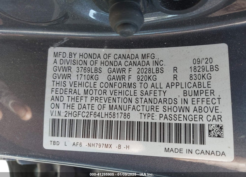 2020 HONDA CIVIC VIN: 2HGFC2F64LH581786