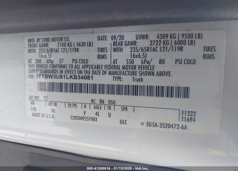 2020 FORD TRANSIT-350 CARGO VAN VIN: 1FTBW3U81LKB34081