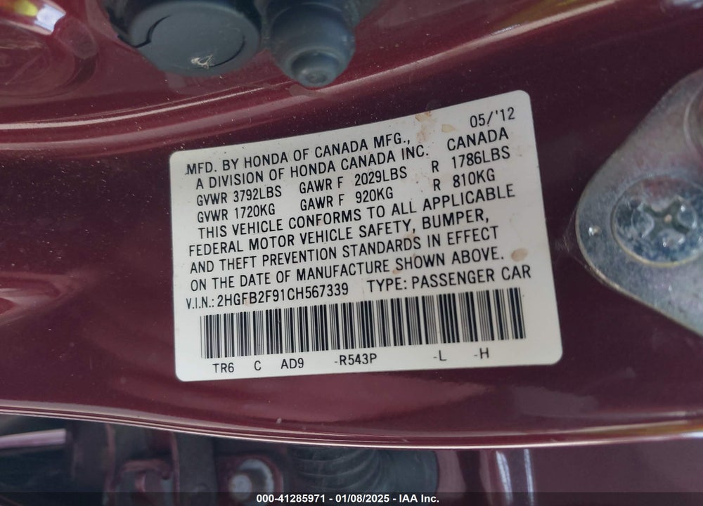 2012 HONDA CIVIC VIN: 2HGFB2F91CH567339