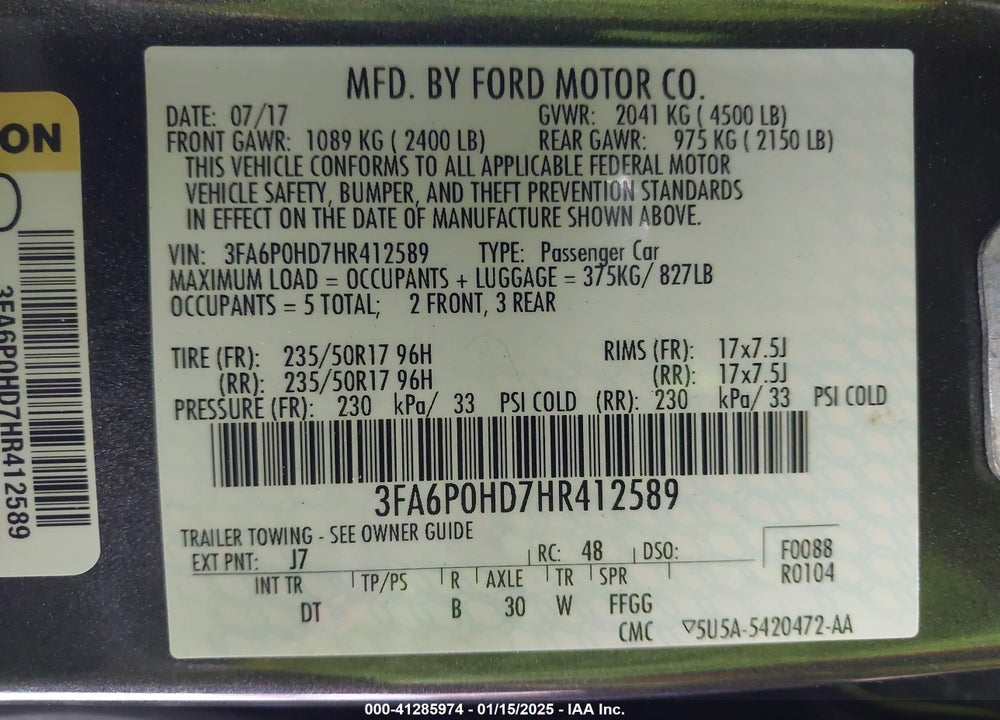 2017 FORD FUSION VIN: 3FA6P0HD7HR412589