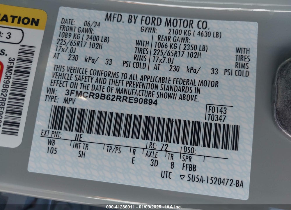 2024 FORD BRONCO SPORT BIG BEND VIN: 3FMCR9B62RRE90894