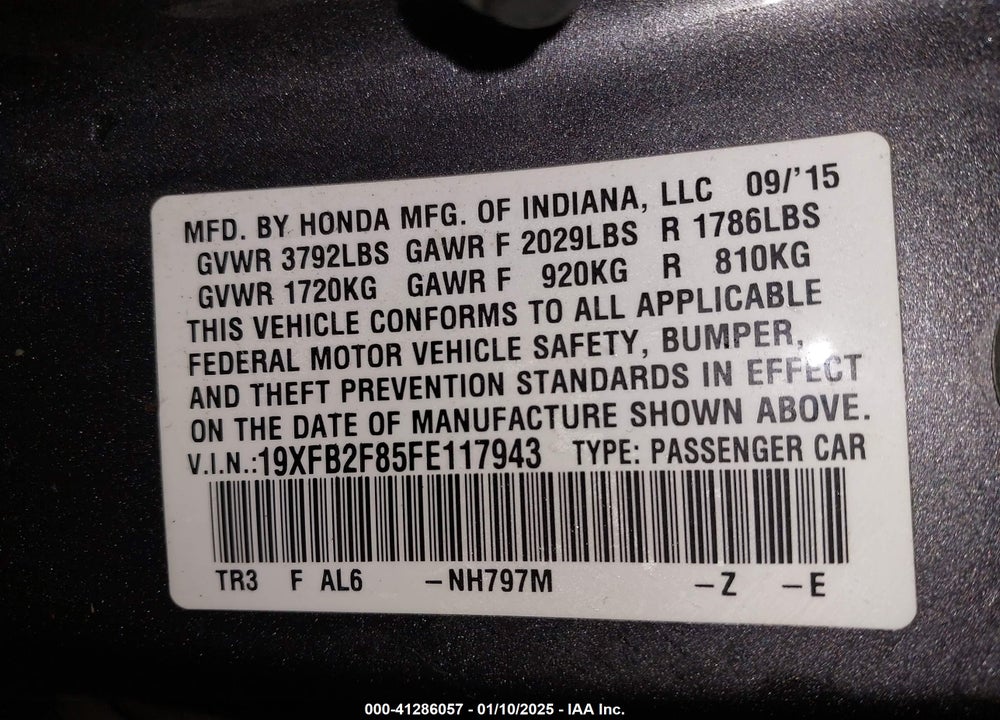 2015 HONDA CIVIC VIN: 19XFB2F85FE117943