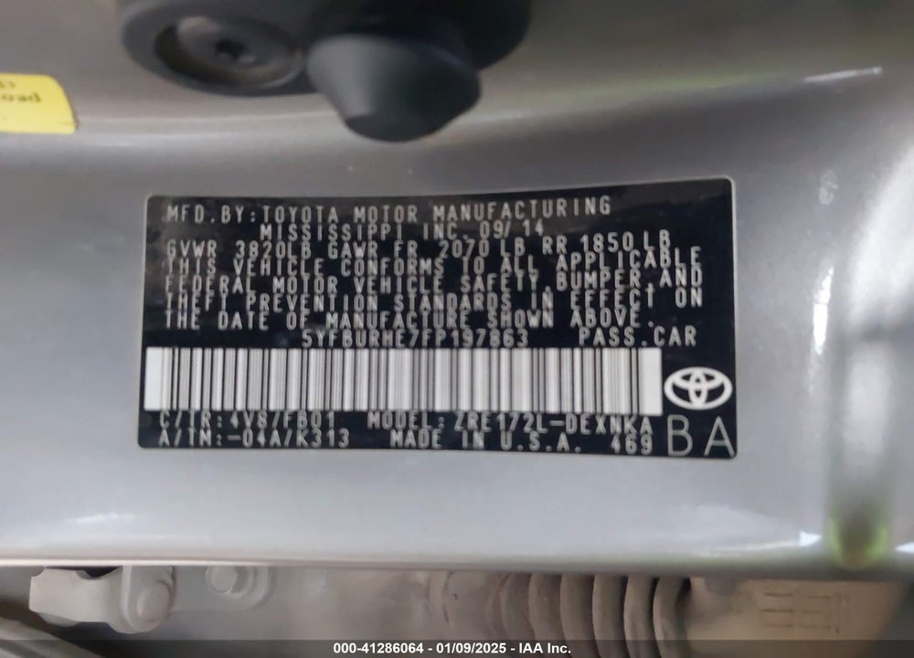 2015 TOYOTA COROLLA VIN: 5YFBURHE7FP197863