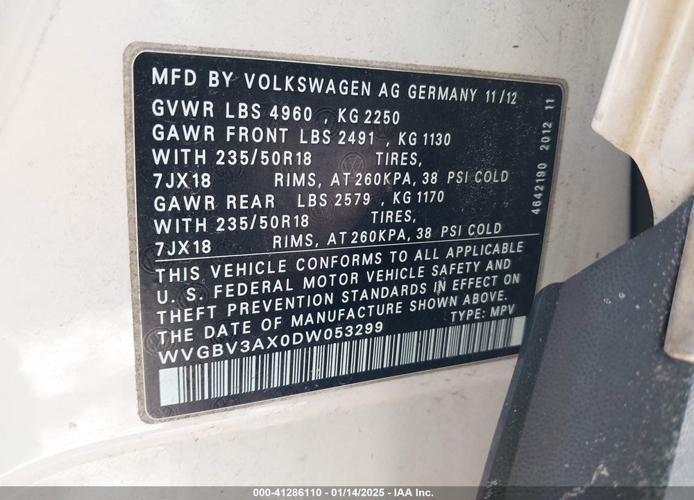 2013 VOLKSWAGEN TIGUAN SE VIN: WVGBV3AX0DW053299