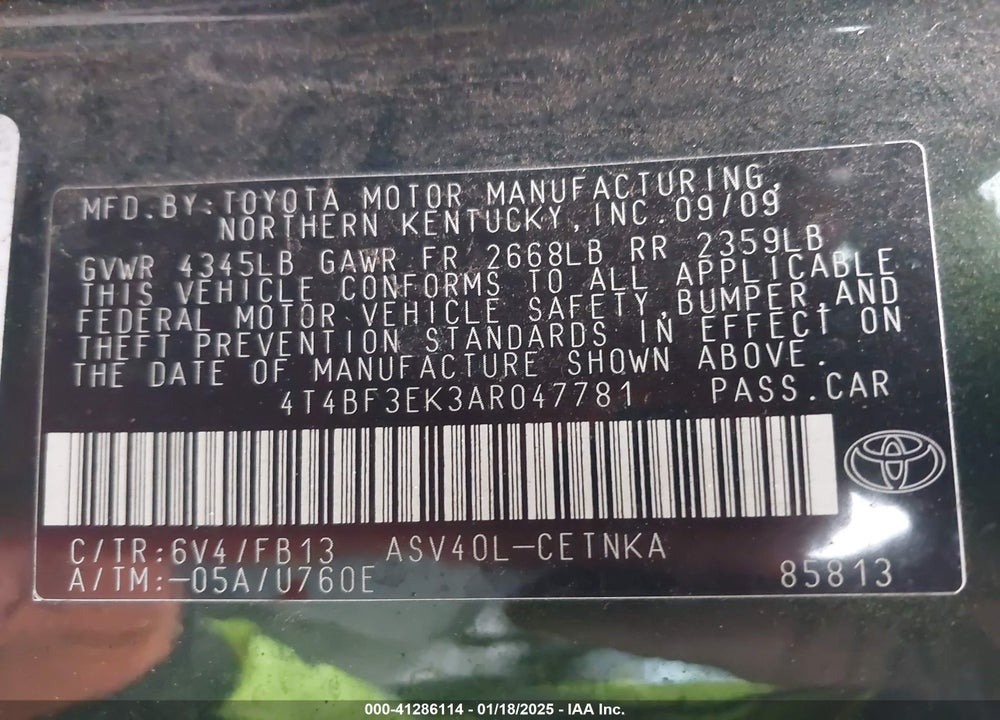 2010 TOYOTA CAMRY VIN: 4T4BF3EK3AR047781