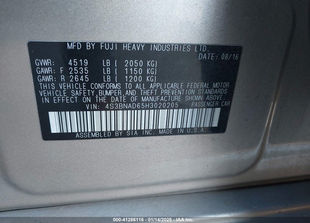 2017 SUBARU LEGACY 2.5I PREMIUM VIN: 4S3BNAD65H3020205