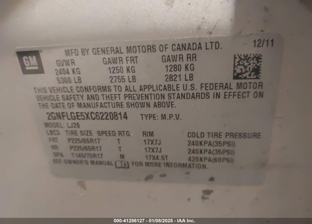 2012 CHEVROLET EQUINOX LTZ VIN: 2GNFLGE5XC6220814