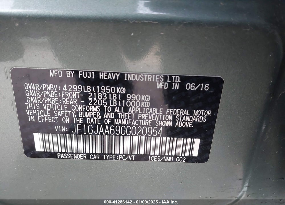 2016 SUBARU IMPREZA VIN: JF1GJAA69GG020954