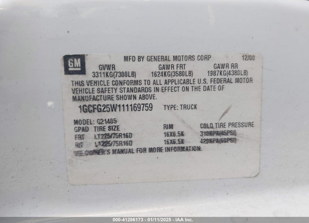 2001 CHEVROLET EXPRESS VIN: 1GCFG25W111169759