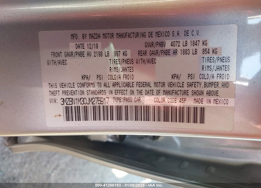 2018 MAZDA MAZDA3 VIN: 3MZBN1M30JM275917