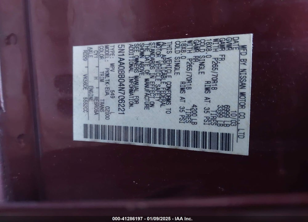 2004 NISSAN PATHFINDER ARMADA SE VIN: 5N1AA08B04N706221