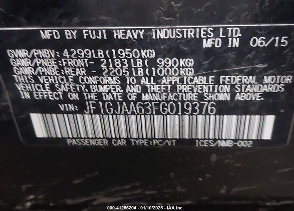 2015 SUBARU IMPREZA VIN: JF1GJAA63FG019376