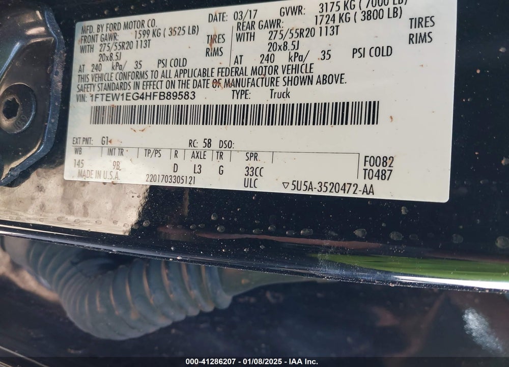 2017 FORD F150 VIN: 1FTEW1EG4HFB89583