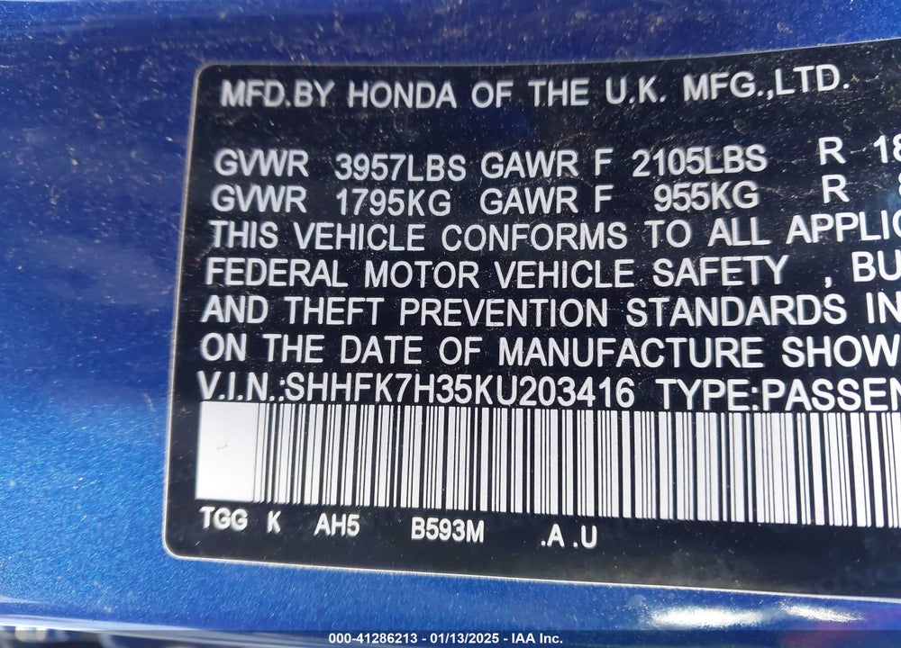2019 HONDA CIVIC LX VIN: SHHFK7H35KU203416