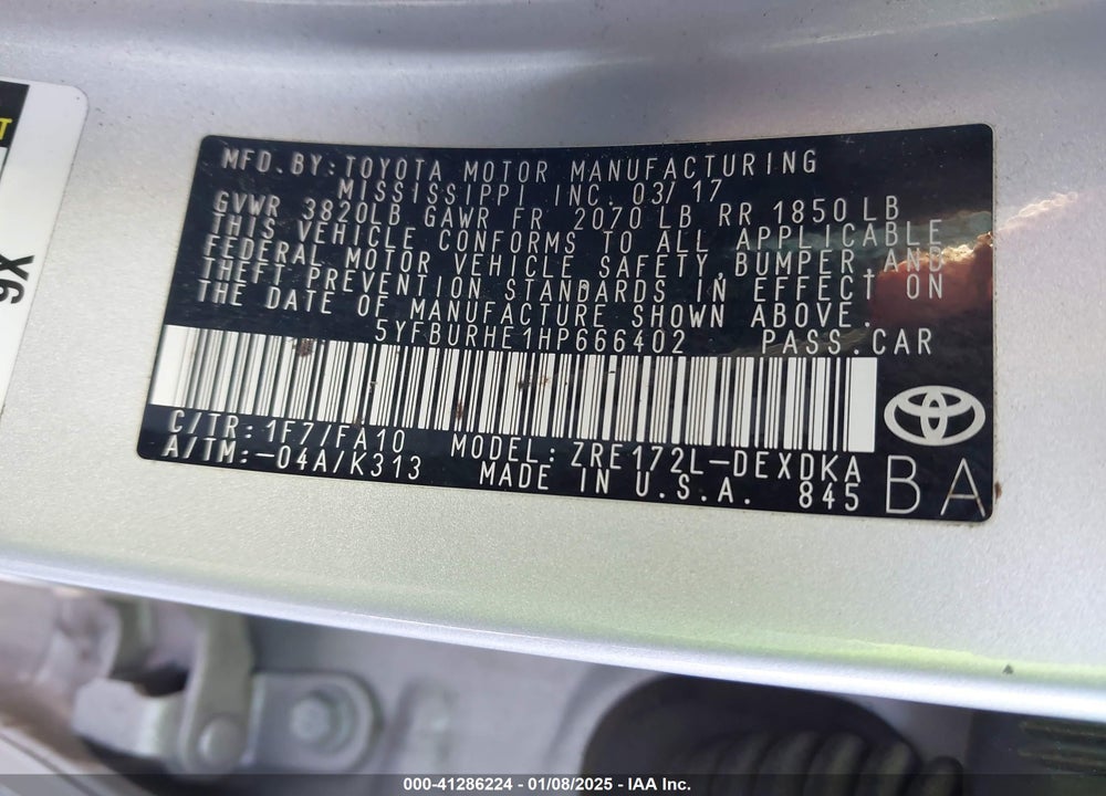 2017 TOYOTA COROLLA VIN: 5YFBURHE1HP666402