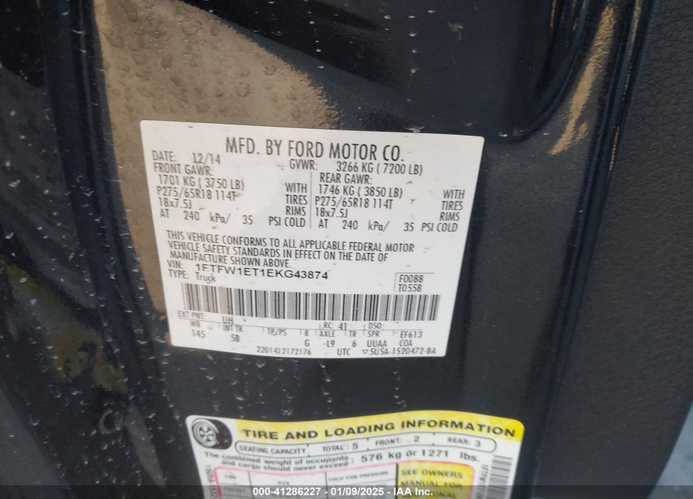 2014 FORD F-150 FX4 VIN: 1FTFW1ET1EKG43874
