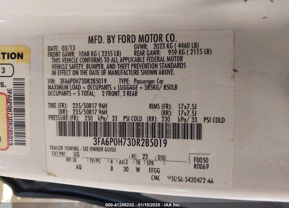 2013 FORD FUSION SE VIN: 3FA6P0H73DR285019