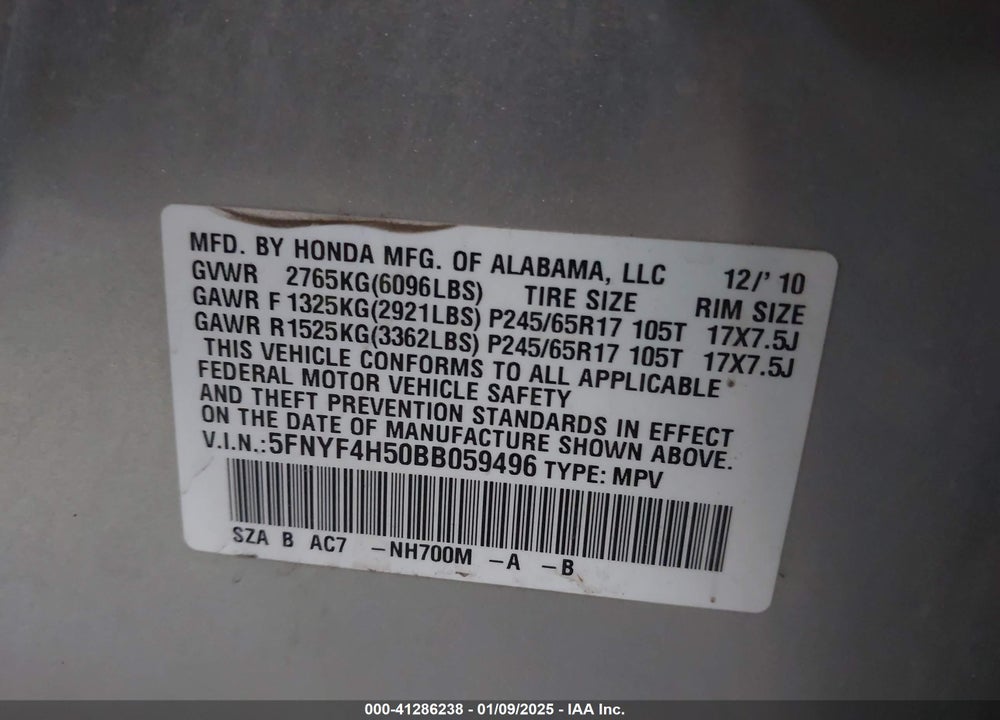 2011 HONDA PILOT EX-L VIN: 5FNYF4H50BB059496