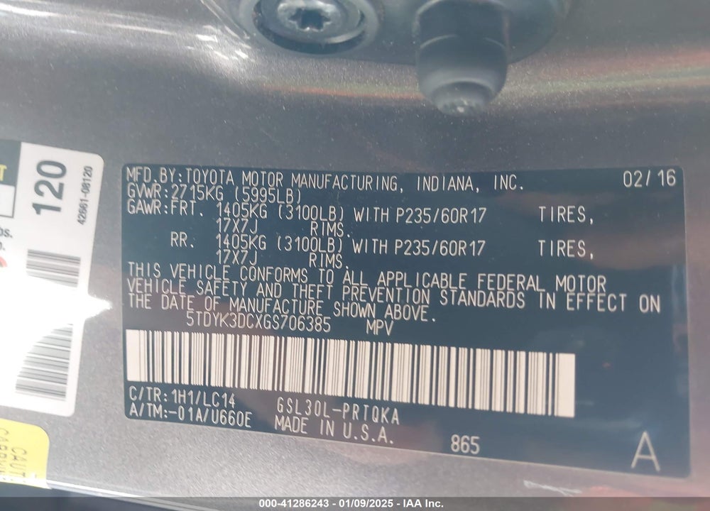 2016 TOYOTA SIENNA XLE PREMIUM 8 PASSENGER VIN: 5TDYK3DCXGS706385