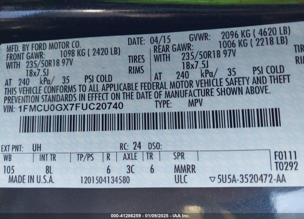 2015 FORD ESCAPE SE VIN: 1FMCU0GX7FUC20740