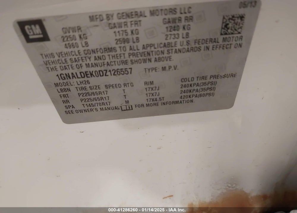 2013 CHEVROLET EQUINOX 1LT VIN: 1GNALDEK0DZ126557