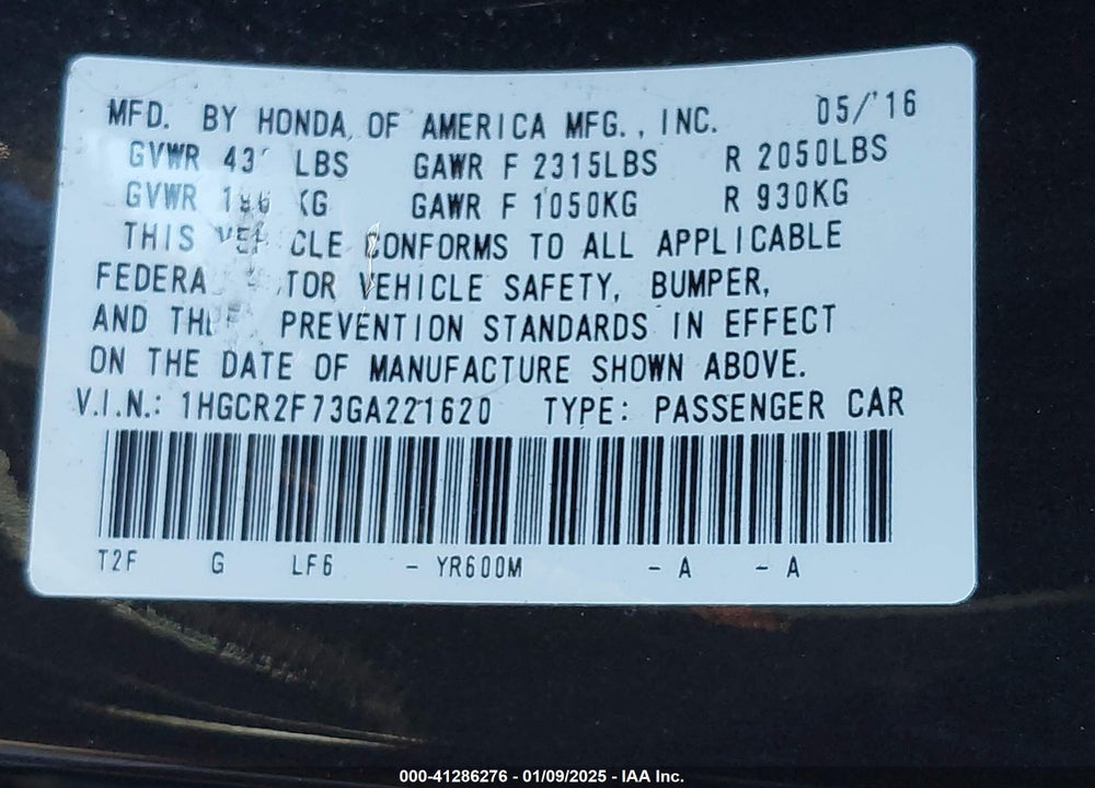 2016 HONDA ACCORD EX VIN: 1HGCR2F73GA221620
