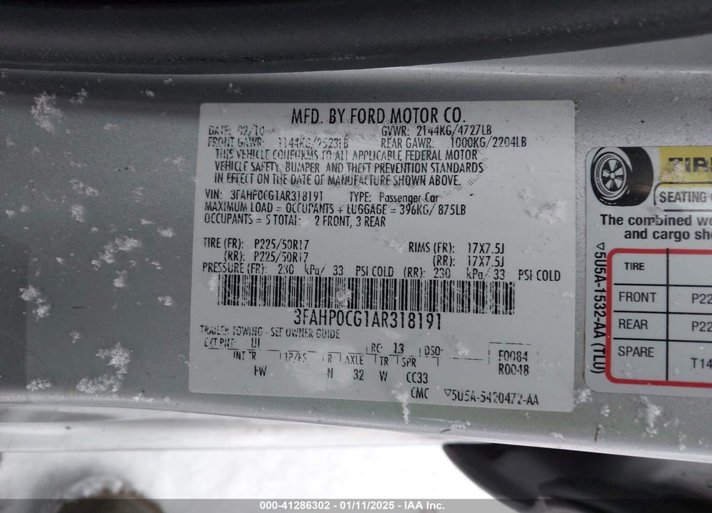 2010 FORD FUSION SEL VIN: 3FAHP0CG1AR318191