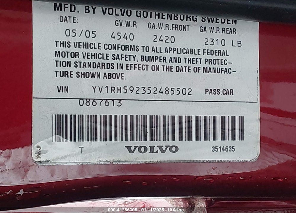 2005 VOLVO S60 2.5T AWD VIN: YV1RH592352485502