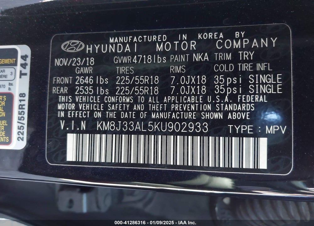 2019 HYUNDAI TUCSON SEL VIN: KM8J33AL5KU902933