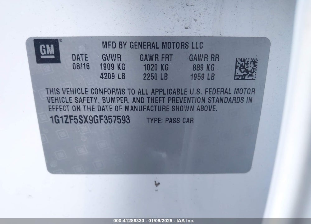 2016 CHEVROLET MALIBU VIN: 1G1ZF5SX9GF357593