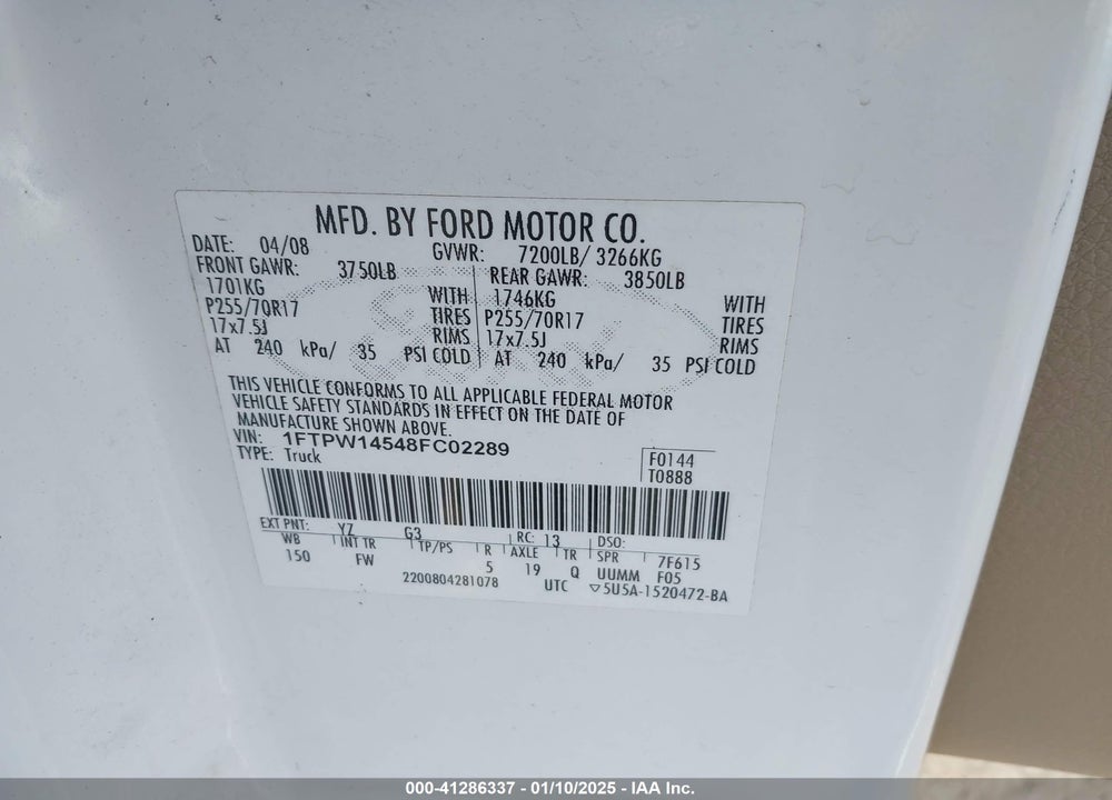 2008 FORD F-150 VIN: 1FTPW14548FC02289