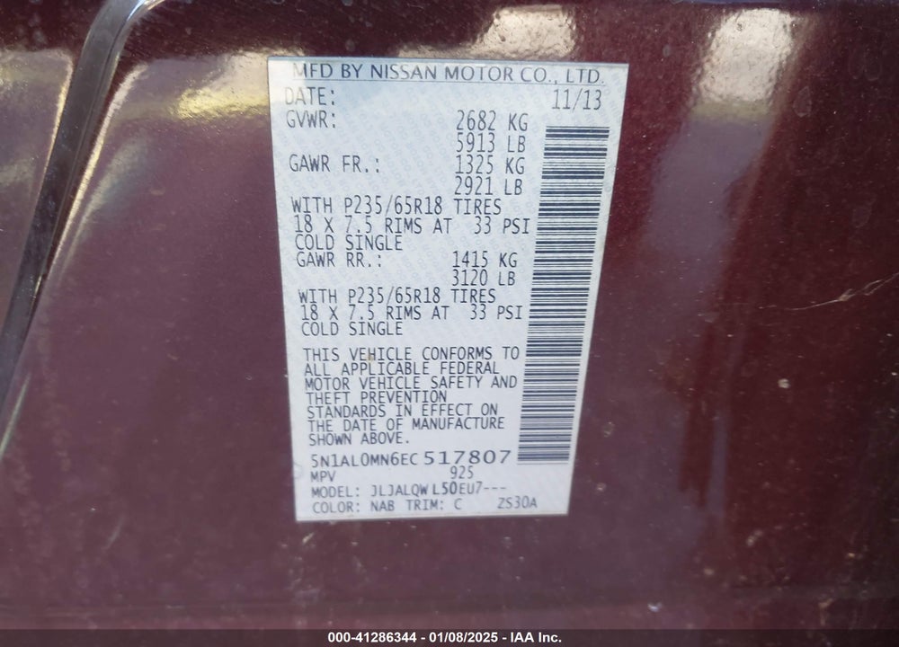 2014 INFINITI QX60 VIN: 5N1AL0MN6EC517807