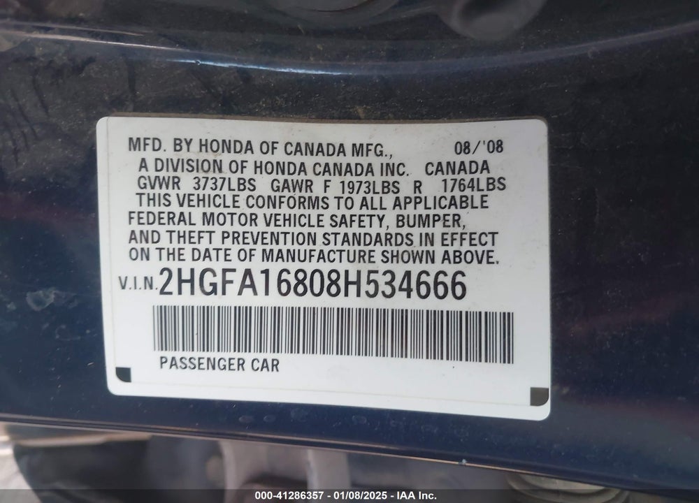 2008 HONDA CIVIC VIN: 2HGFA16808H534666