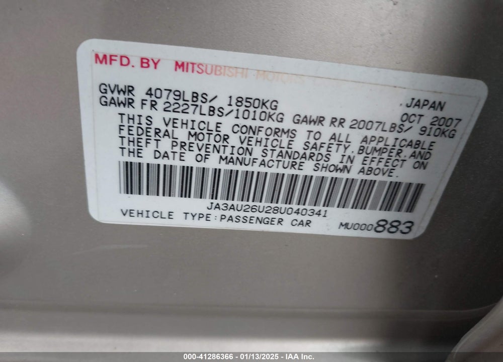 2008 MITSUBISHI LANCER DE/ES VIN: JA3AU26U28U040341