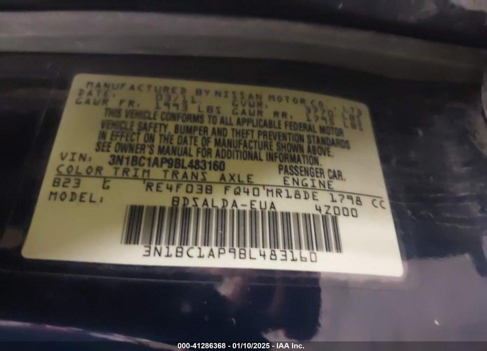2011 NISSAN VERSA VIN: 3N1BC1AP9BL483160