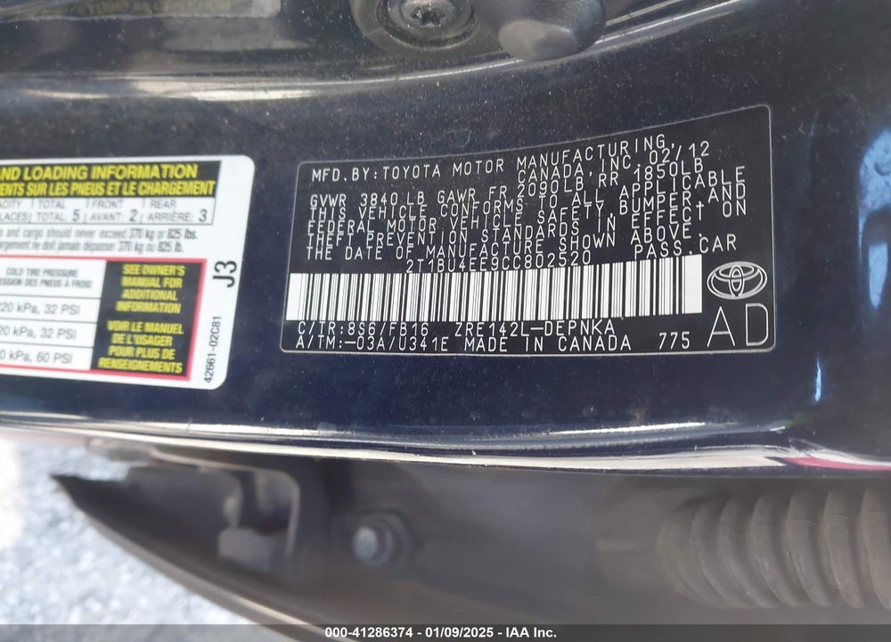 2012 TOYOTA COROLLA LE VIN: 2T1BU4EE9CC802520