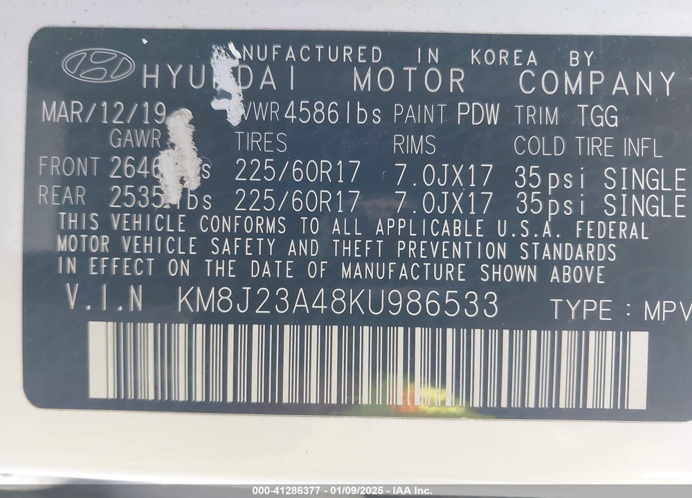 2019 HYUNDAI TUCSON SE VIN: KM8J23A48KU986533