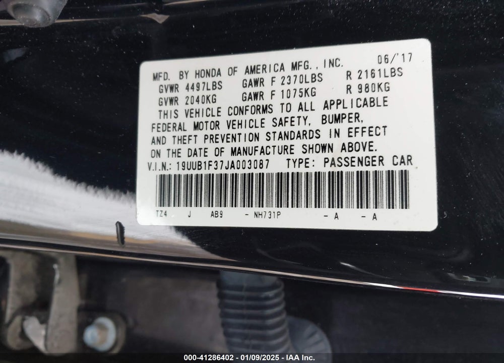 2018 ACURA TLX VIN: 19UUB1F37JA003087