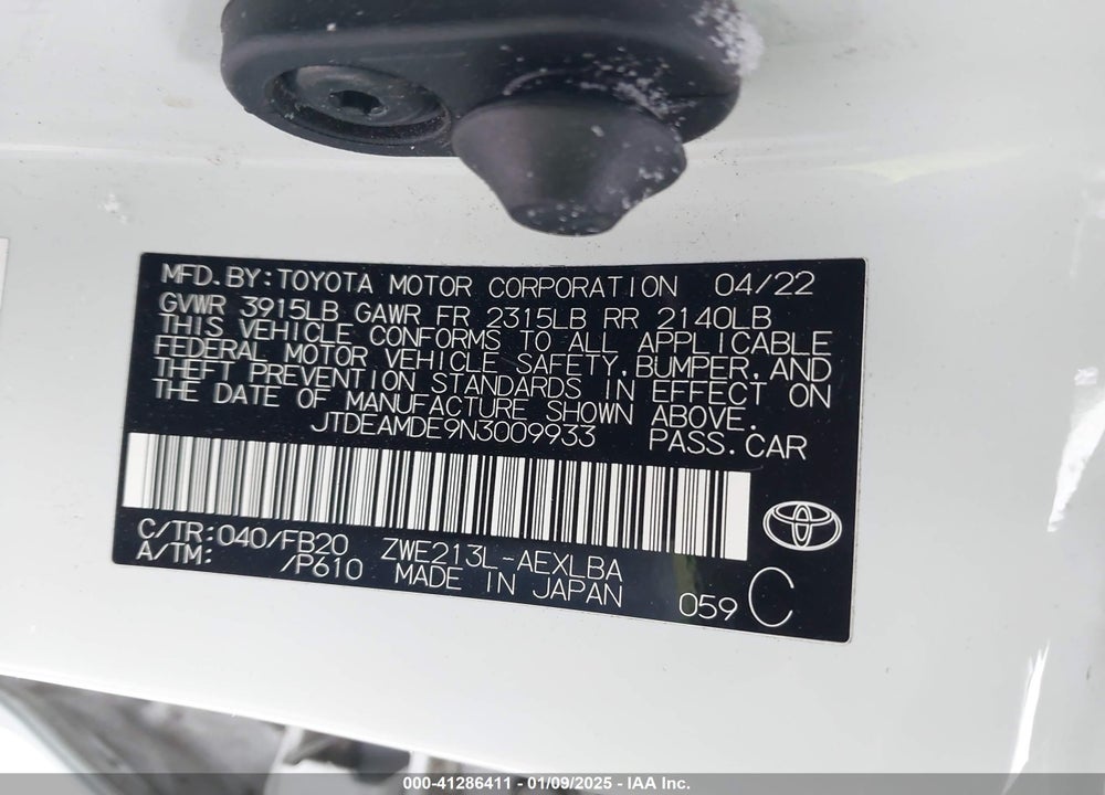 2022 TOYOTA COROLLA VIN: JTDEAMDE9N3009933