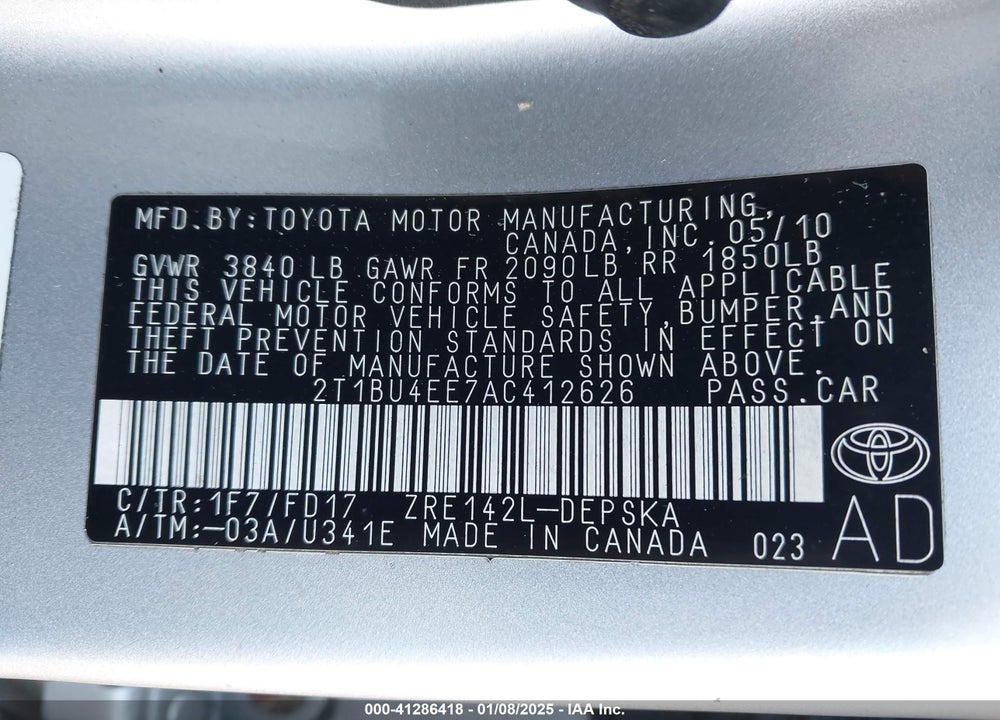 2010 TOYOTA COROLLA VIN: 2T1BU4EE7AC412626