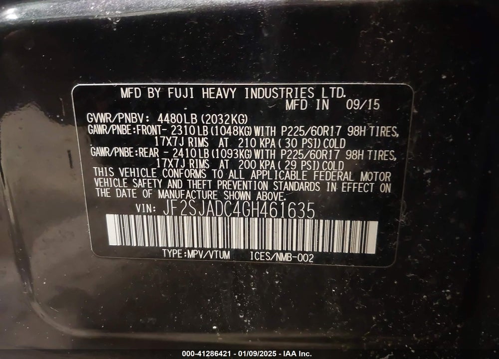 2016 SUBARU FORESTER 2.5I PREMIUM VIN: JF2SJADC4GH461635