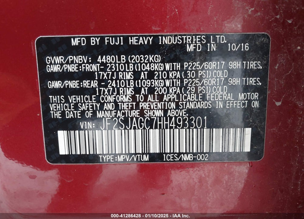 2017 SUBARU FORESTER 2.5I PREMIUM VIN: JF2SJAGC7HH493301