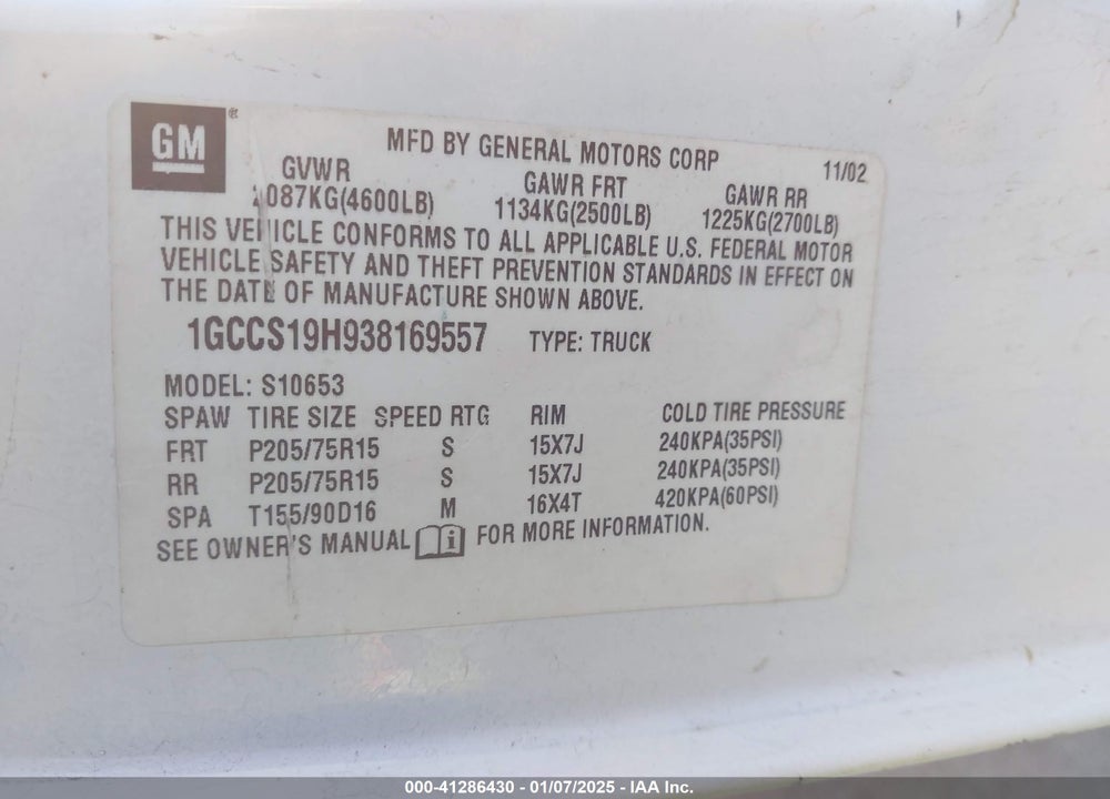 2003 CHEVROLET S-10 VIN: 1GCCS19H938169557