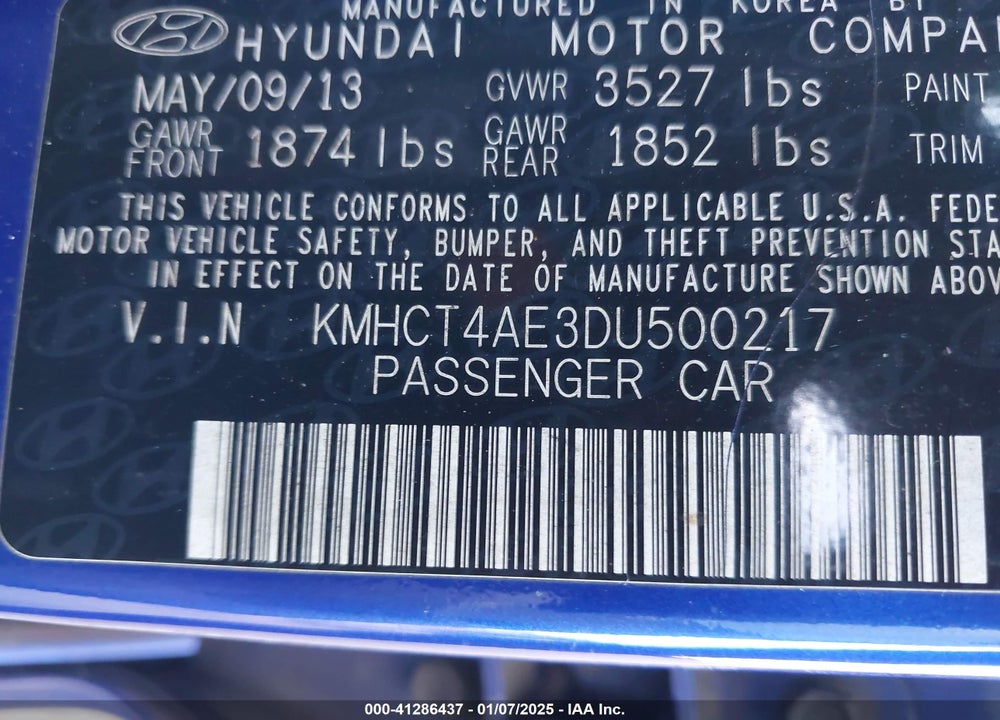 2013 HYUNDAI ACCENT GLS VIN: KMHCT4AE3DU500217