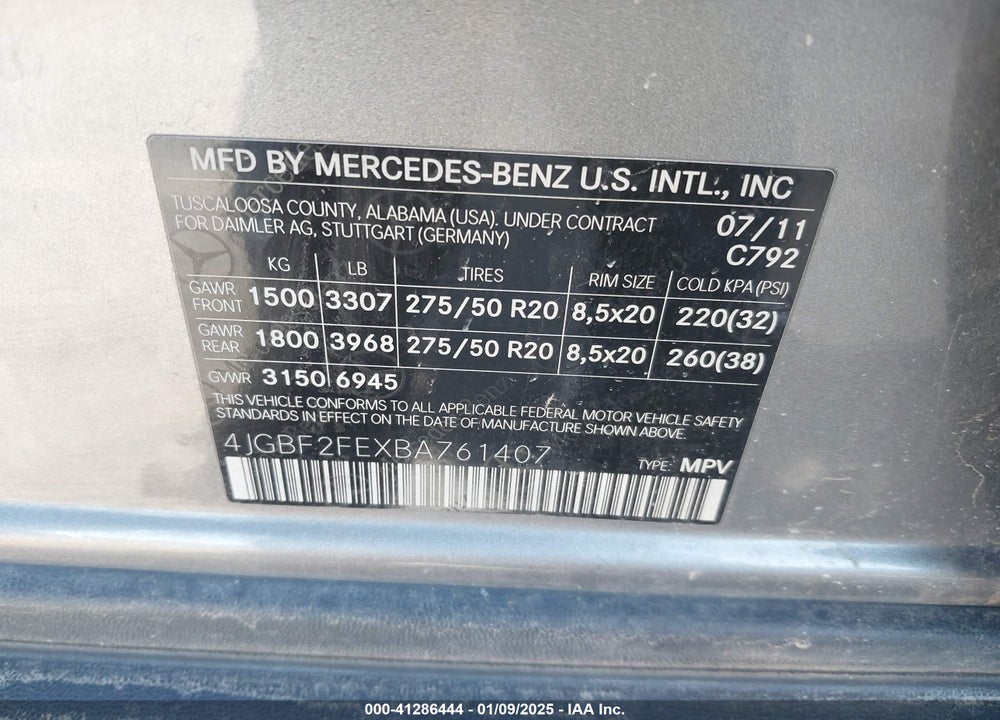2011 MERCEDES-BENZ GL 350 BLUETEC 4MATIC VIN: 4JGBF2FEXBA761407