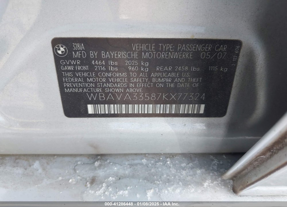 2007 BMW 328I VIN: WBAVA33587KX77324