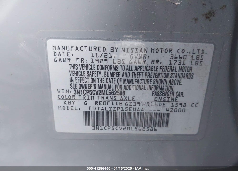 2021 NISSAN KICKS SV XTRONIC CVT VIN: 3N1CP5CV2ML562586